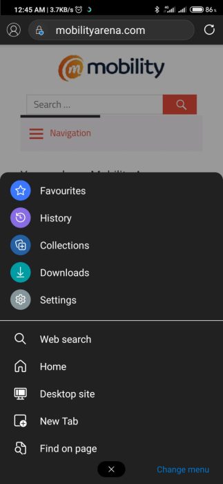 Microsoft edge browser for Android menu