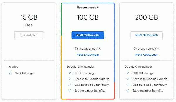 Google One plans and packages