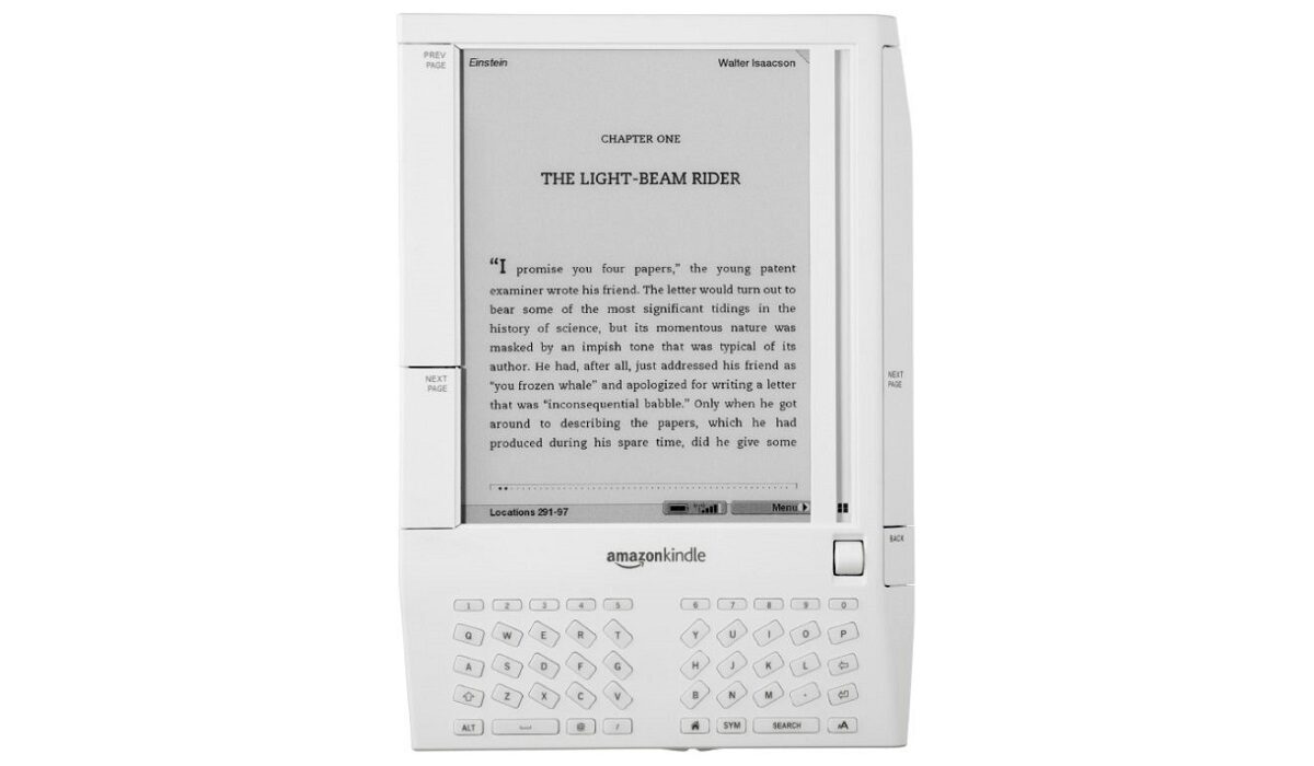 The original Amazon Kindle e-reader, released in 2007