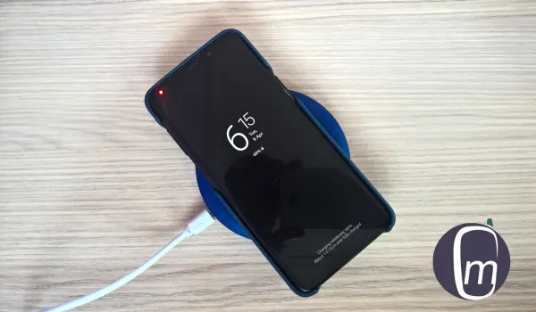 Samsung Galaxy S9 Plus on a wireless charger or charging plate
