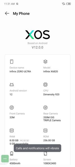 Infinix Zero Ultra About Phone menu
