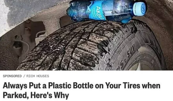 bottle on parked car tire